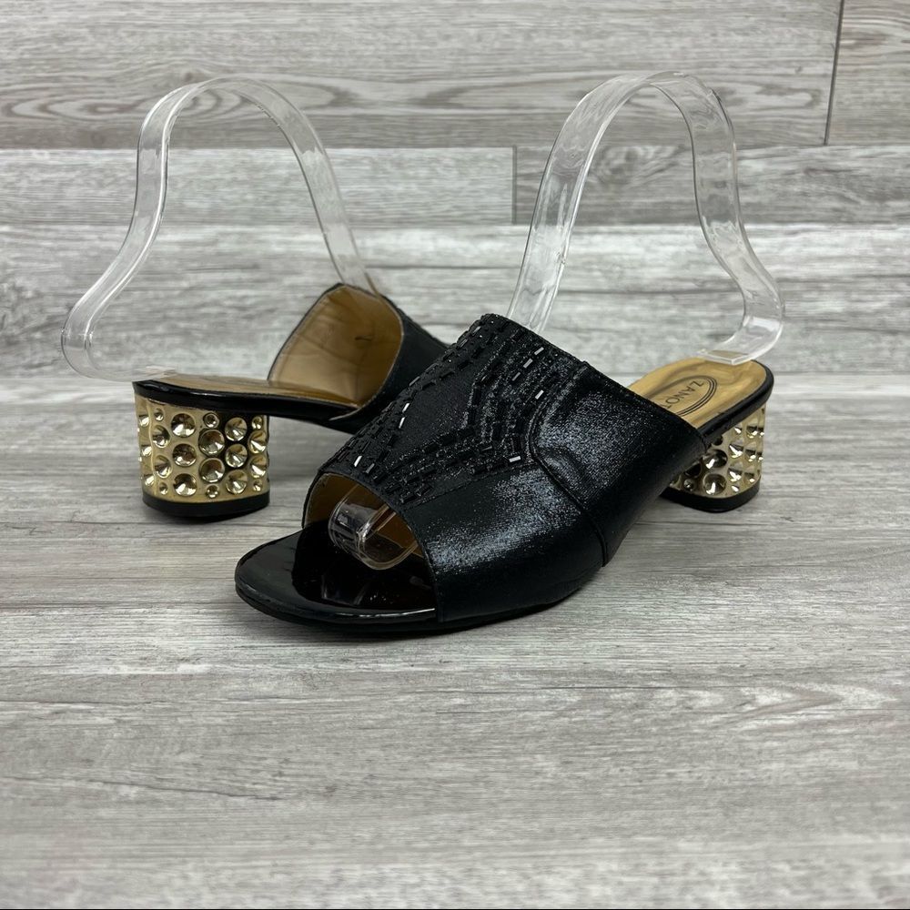 Zanotti Black & Gold Block Heel Mule Sandals size 37